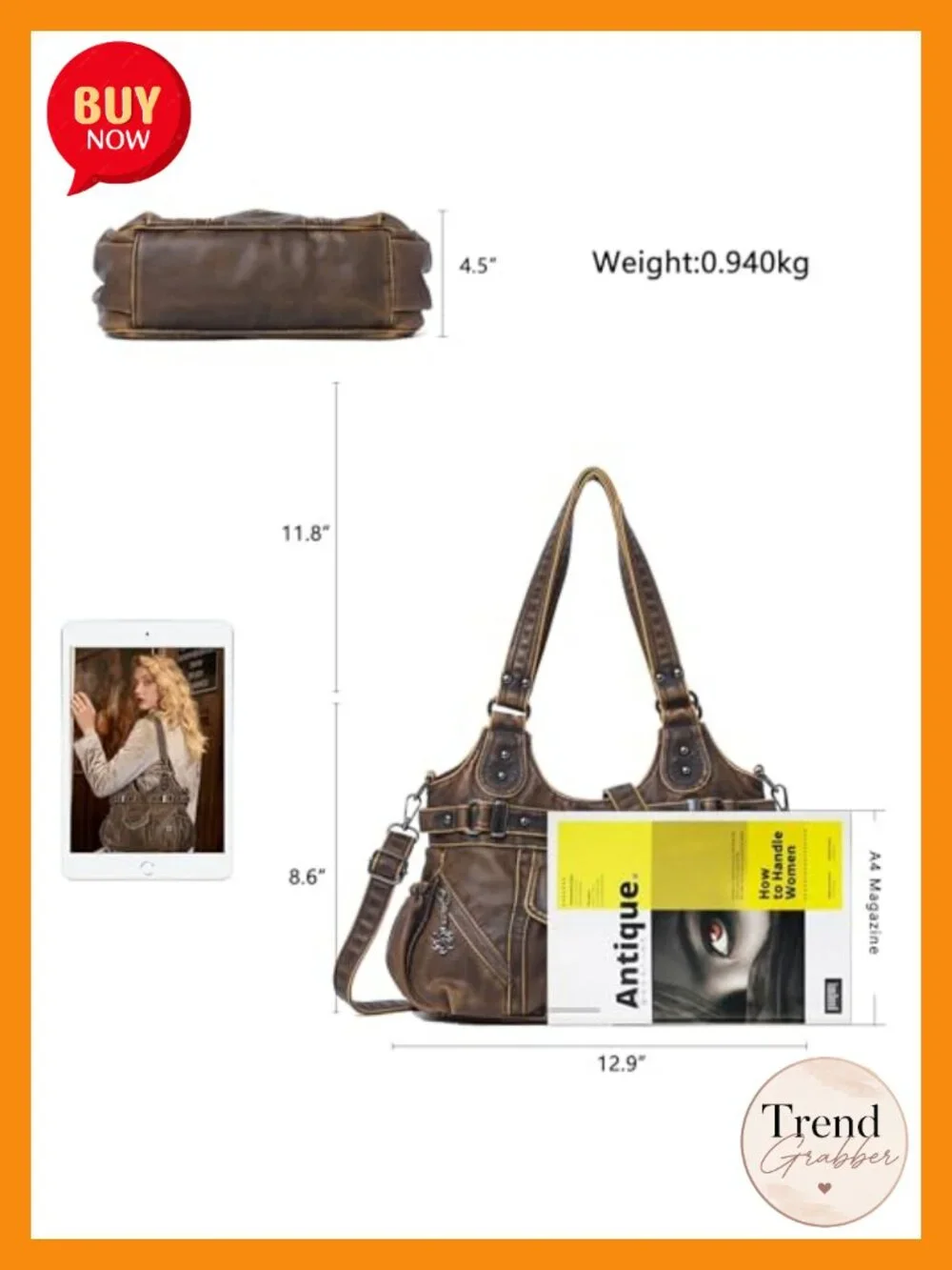 Soft Hobo Shoulder Bag with Metal Studs, Zipper Pockets for Women